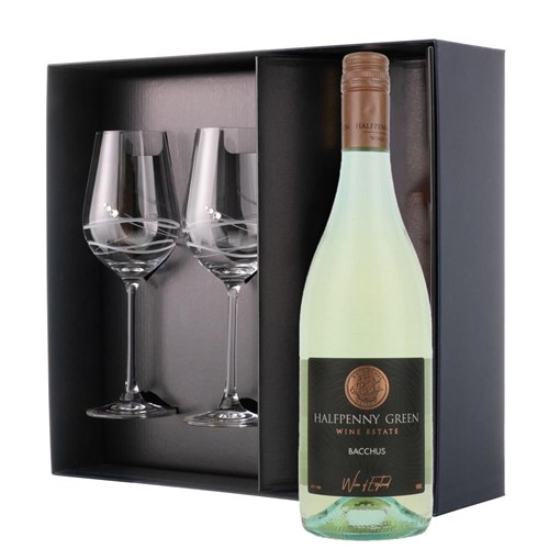 Halfpenny Green Bacchus 75cl White Wine And Diamante Venezia Glasses Gift Box Set